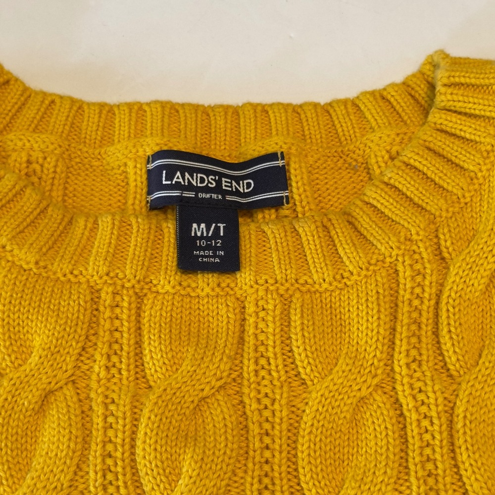 Lands End Drifter Cable Knit Sweater Womens Medium Tall Yellow 100% Cotton Crew - Picture 5 of 10